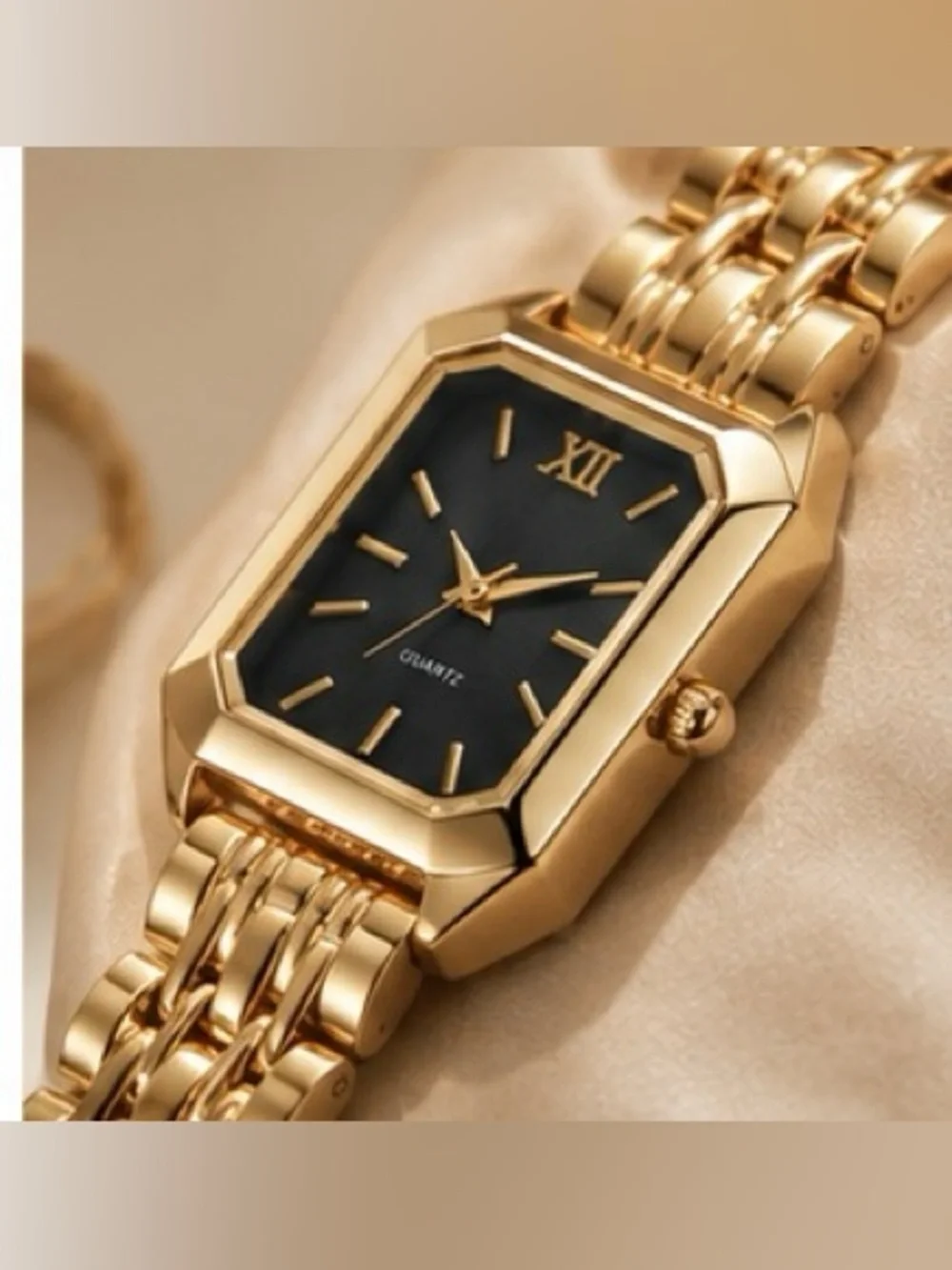 Vintage Gold Rectangle Watch | Minimalist Black Dial Quartz Wristwatch